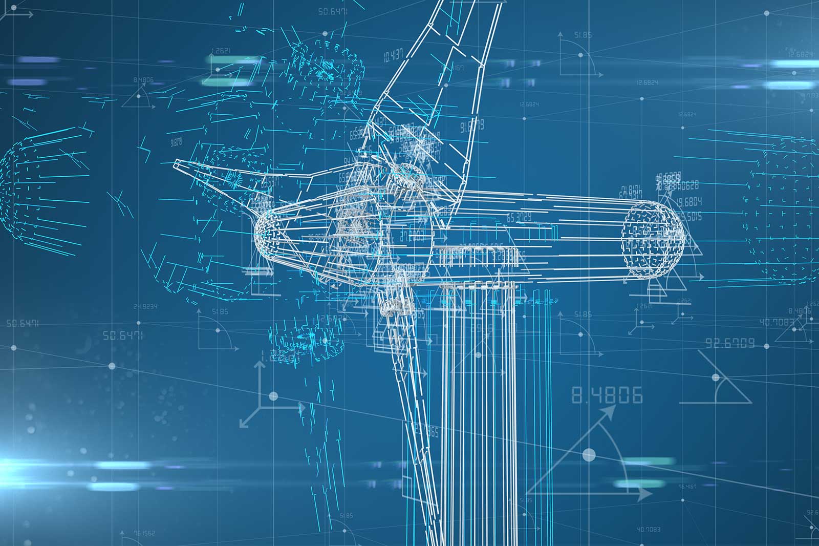 A digital illustration showcasing a wind turbine with technical diagrams and data visualisation surrounding it.