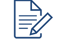 A simple blue icon of a pen writing on a piece of paper. 